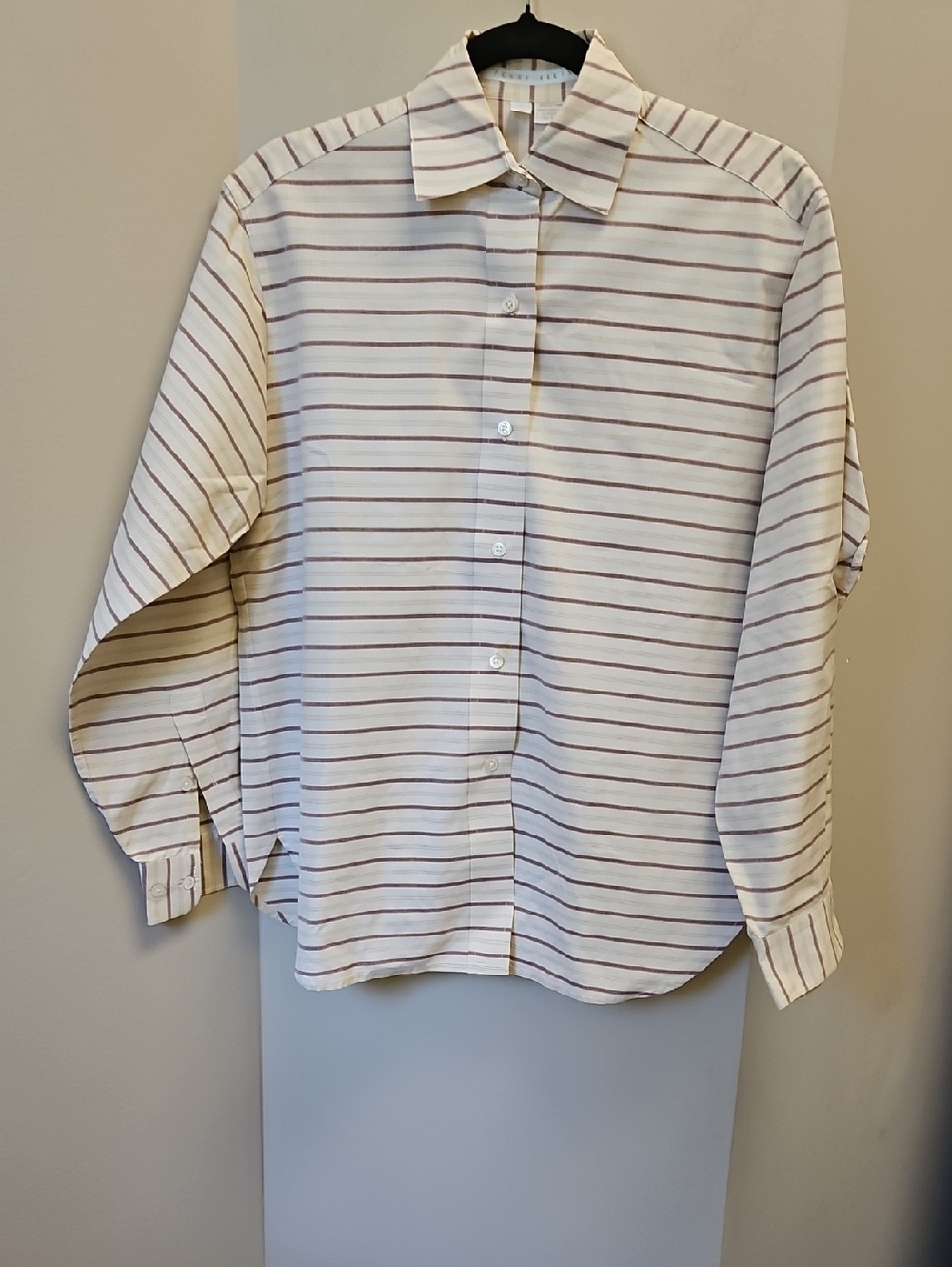 VTG Perry Ellis Cream Shirt with Brown and Coral Stripes